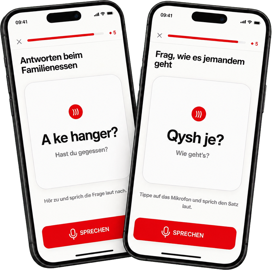 Zwei Folshqip-Lektionen auf dem Smartphone mit den Sätzen A ke hanger und Qysh je